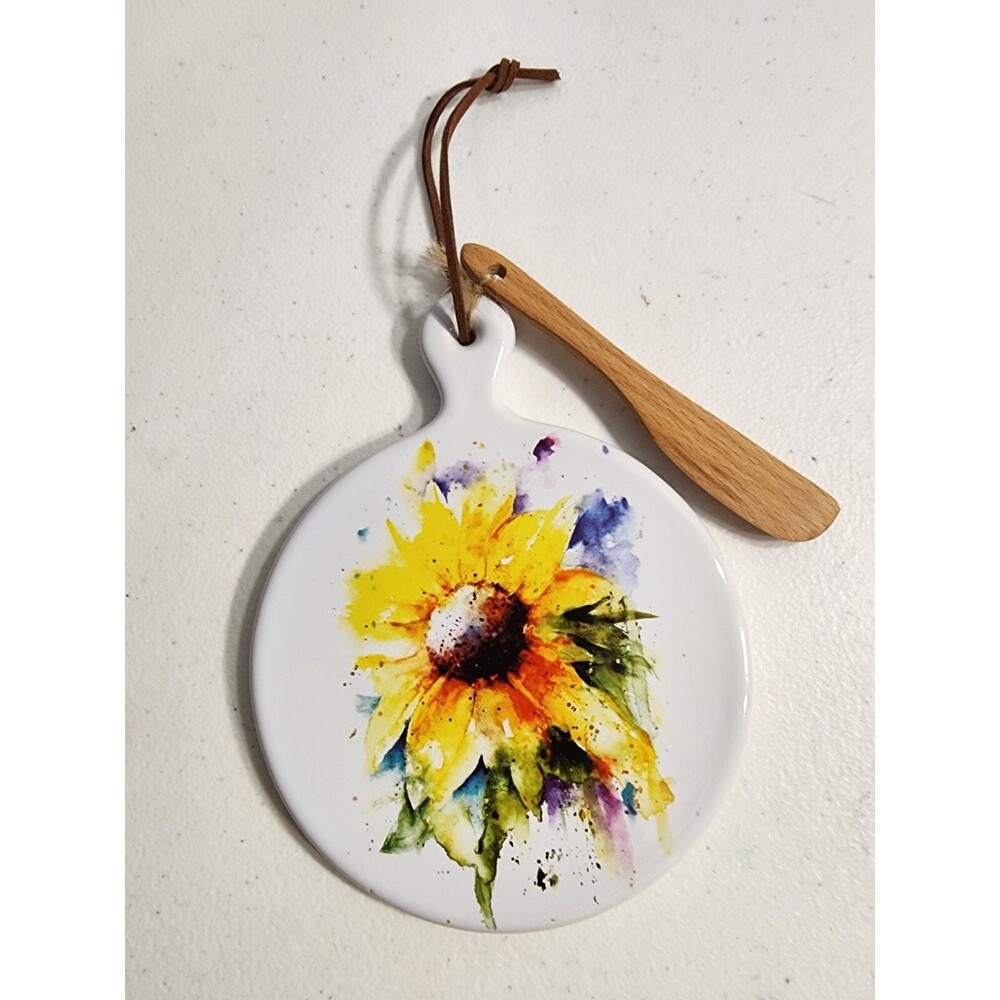 Demdaco Sunflower Ceramic Serving Cutting Board With Wooden Spatula Dean Crouser